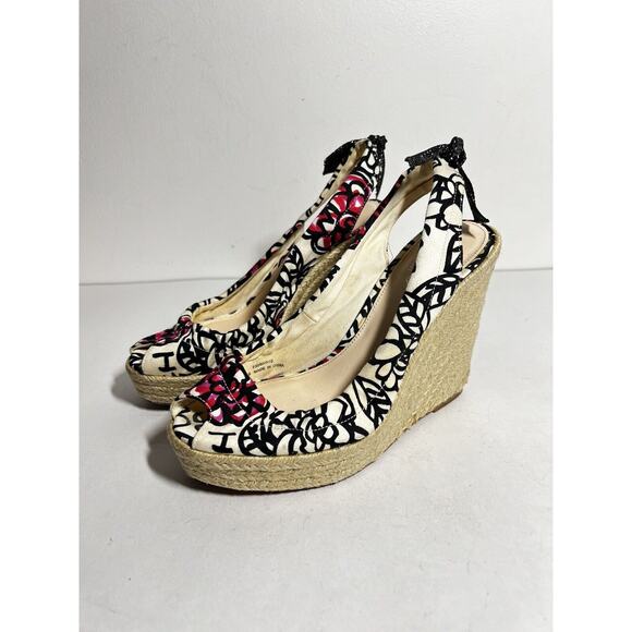 Coach EUC Poppy Pink/Black Maritza 4.5" Wedge Heel Espadrille Sandal Size 5.5 - Picture 1 of 5